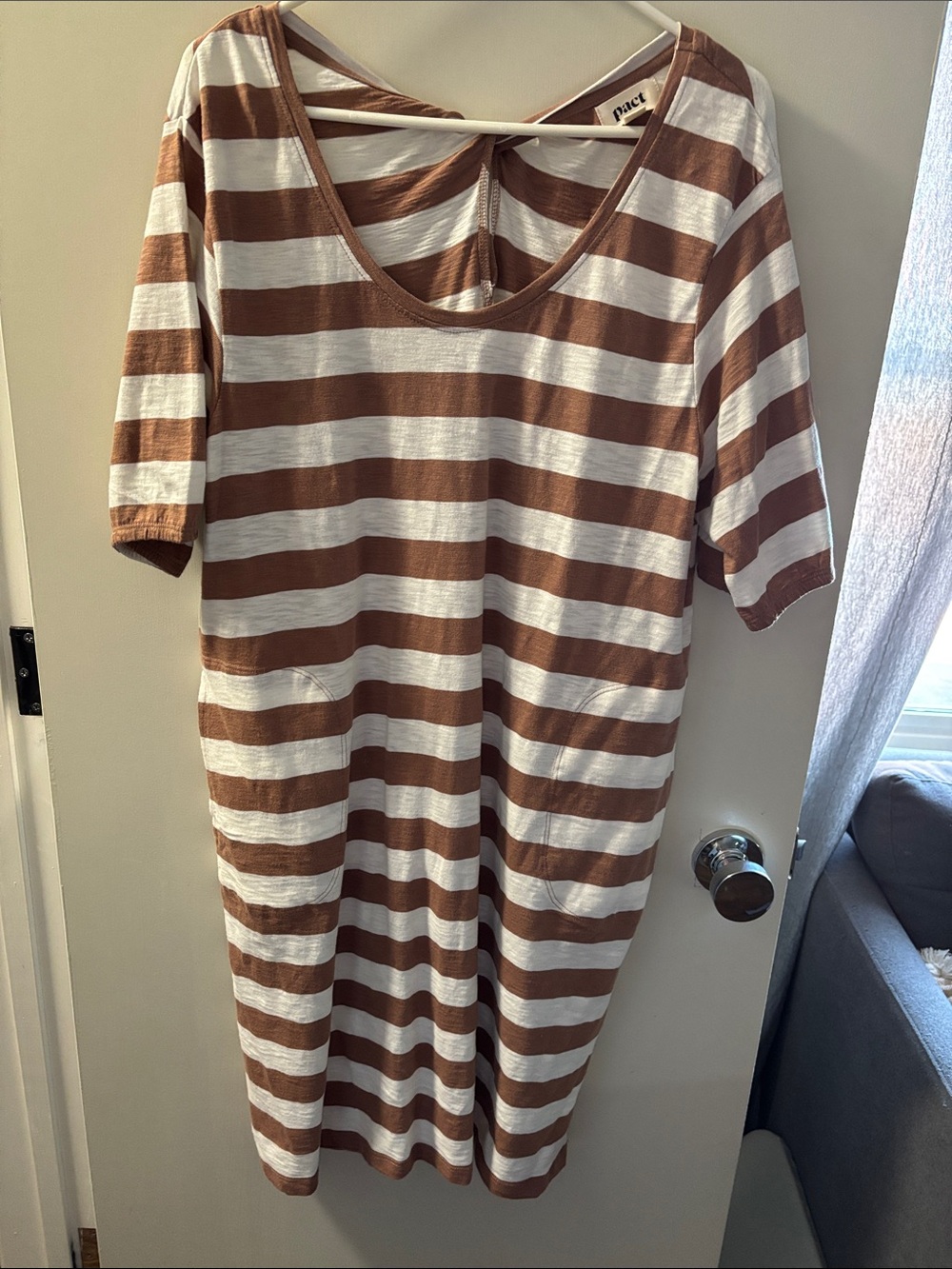 Pact Brown and White Striped Midi Scoop-Neck Dress